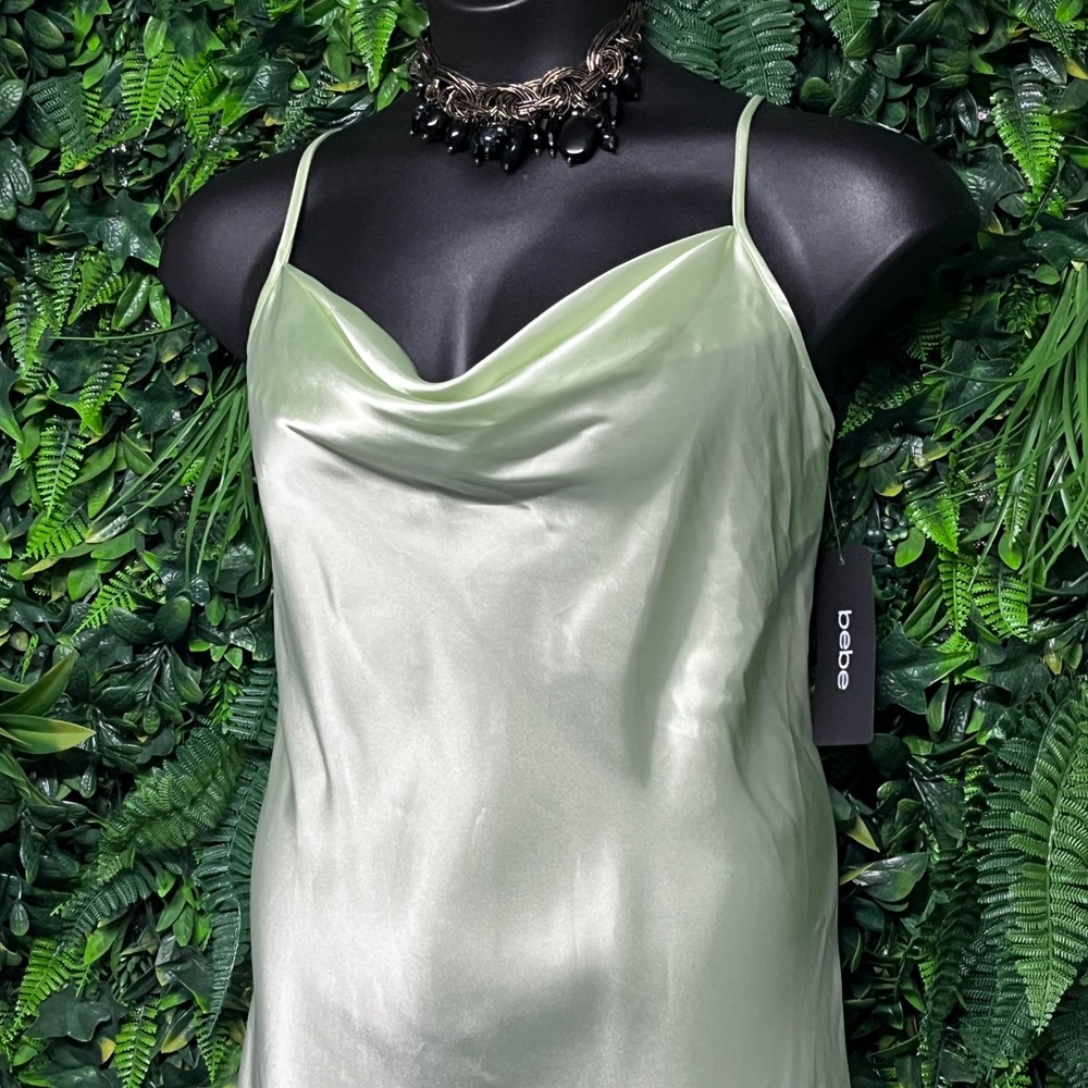 Bebe Dress Large Womens Green Satin Cowl Neck Slip Midi Cocktail 3711 - Picture 6 of 9